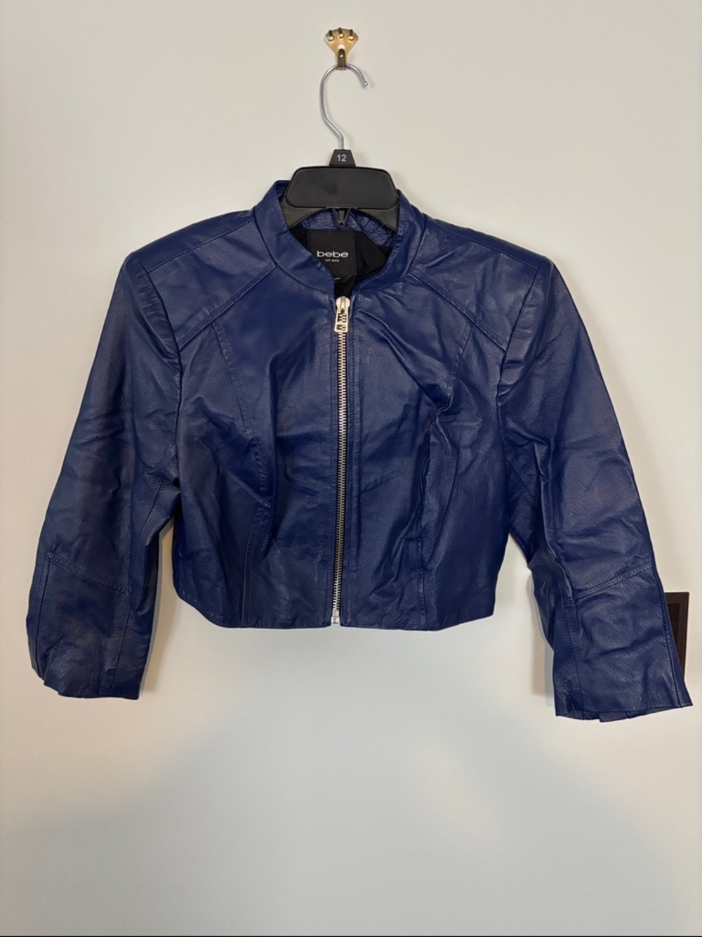 bebe Navy Cropped Genuine Leather Moto Jacket